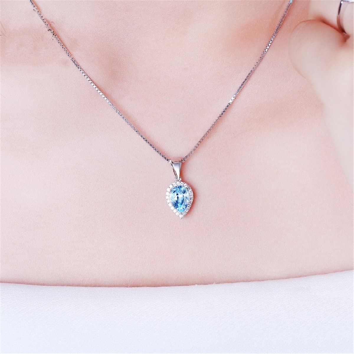 Blue Crystal & Placopperum-Plated Inverted Pear Pendant Necklace - streetregion
