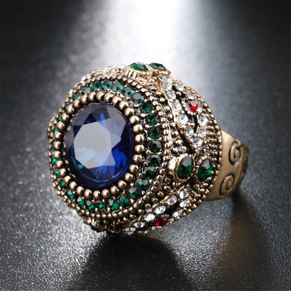 Blue Cubic Zirconia and 18K Gold Plated Round Ring, gold statement rings for women, vintage-inspired design, detail close-up