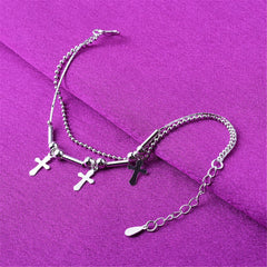 Silver-Plated Cross & Bead Double-Strand Anklet
