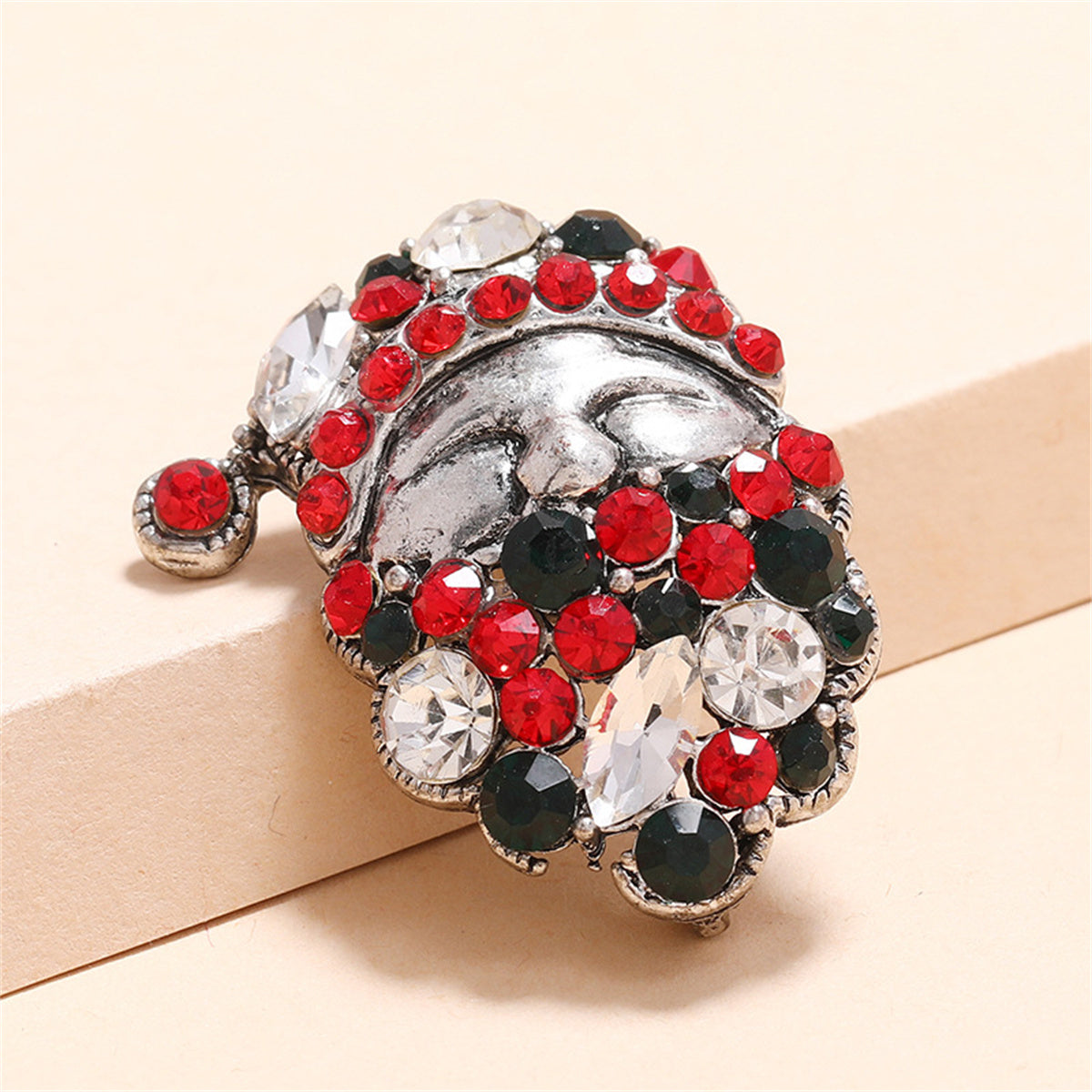 Green Cubic Zirconia and Silver-Plated Santa Brooch, silver brooch pin, botanical inspired, side view