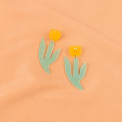 Yellow & Silver-Plated Flower Drop Earrings