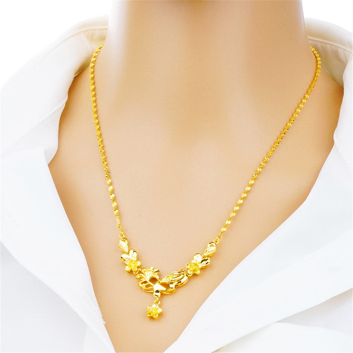 18K Gold-Plated Flower Statement Necklace, gold pendant necklace for women, elegant gift for her, side view