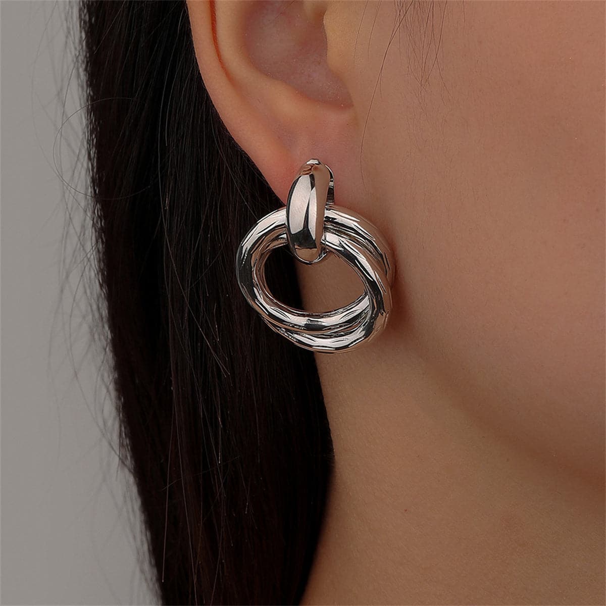 Silver-Plated Double Circle Interlocked Stud Earrings