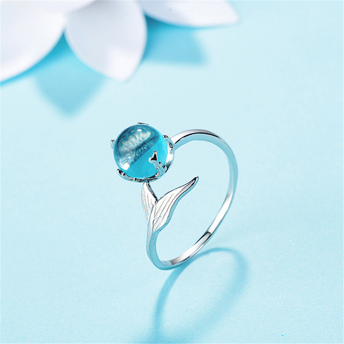 Blue Crystal and Silver-Plated Fishtail Bypass Ring, silver statement rings for women, dainty minimalist design, side view