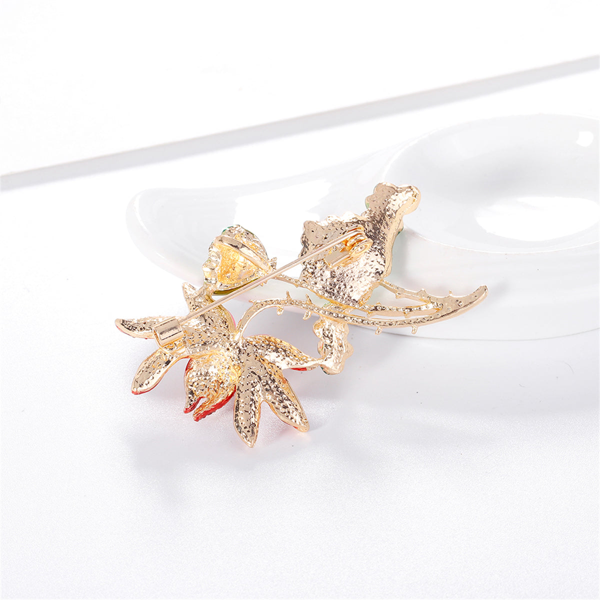 Green Enamel and Multicolor Cubic Zirconia 18K Gold-Plated Lotus Brooch, gold brooch pin, elegant gift for her, styled look