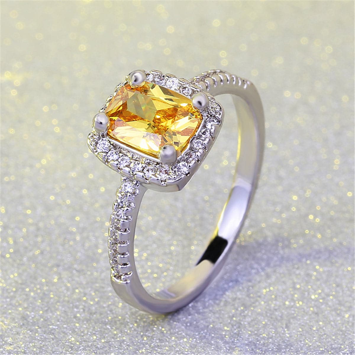 Yellow Crystal and Silver-Plated Square-Cut Ring, silver statement rings for women, vintage-inspired design, side view