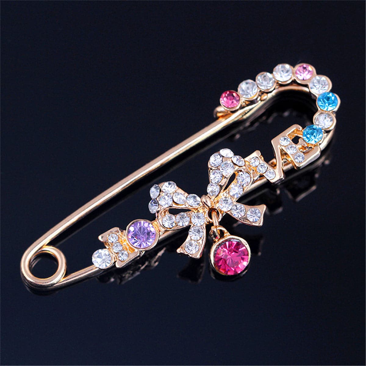 18k Gold-Plated & cubic zirconia Bow-Accent Safety Pin Brooch - streetregion