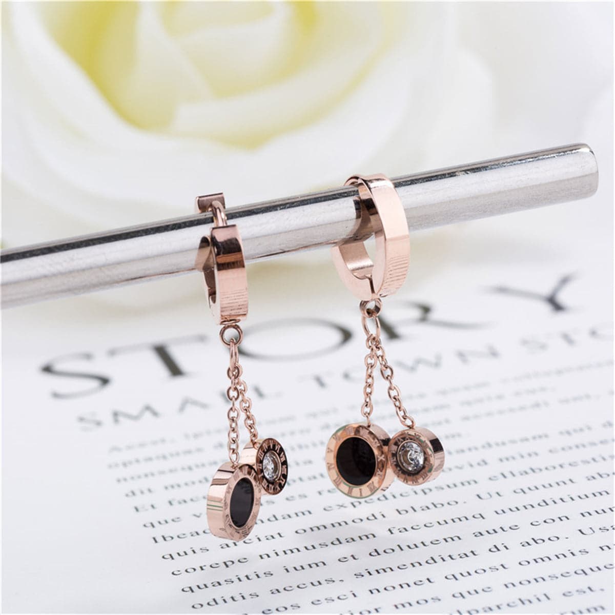Cubic Zirconia and 18K Rose Gold-Plated Double Ring Drop Earrings, rose gold drop earrings for women, front view