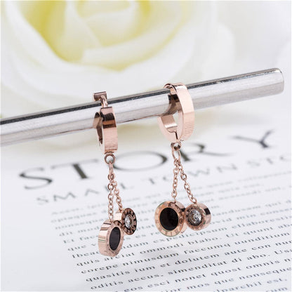 Cubic Zirconia and 18K Rose Gold-Plated Double Ring Drop Earrings, rose gold drop earrings for women, front view