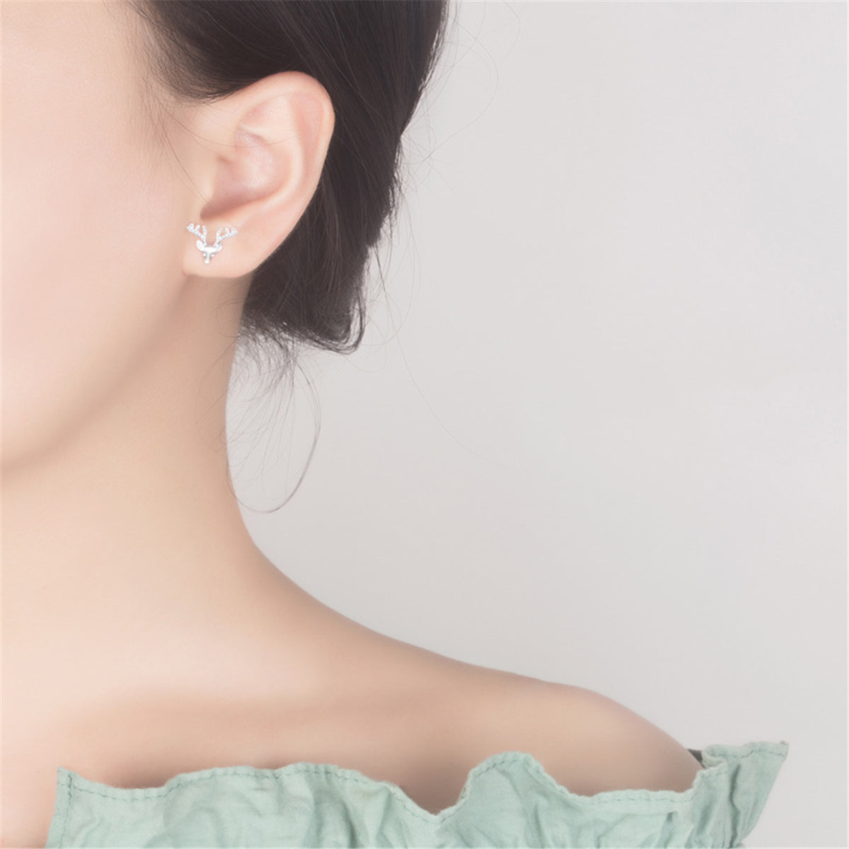 Silver-Plated Deer Stud Earrings, silver stud earrings for women, elegant gift for her, detail close-up
