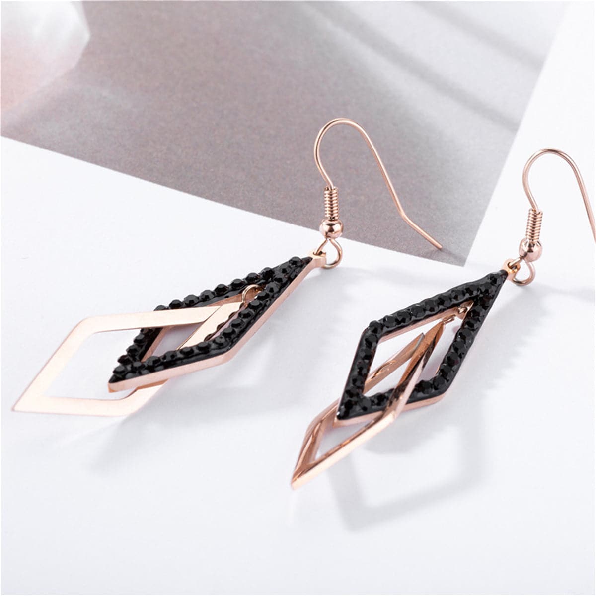 Black and 18K Rose Gold-Plated Crossing Rhombus Drop Earrings, rose gold drop earrings for women, detail close-up