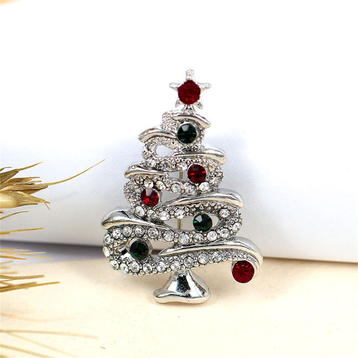 Red & Green Cubic Zirconia Silver-Plated Holiday Tree Brooch