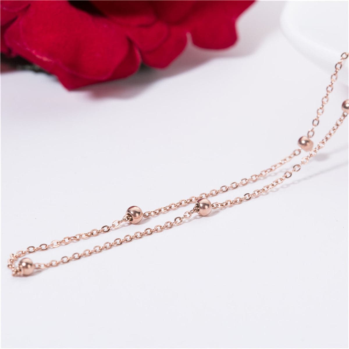 18K Rose Gold-Plated Beaded Station Bracelet, rose gold bracelet for women, everyday style, lifestyle look