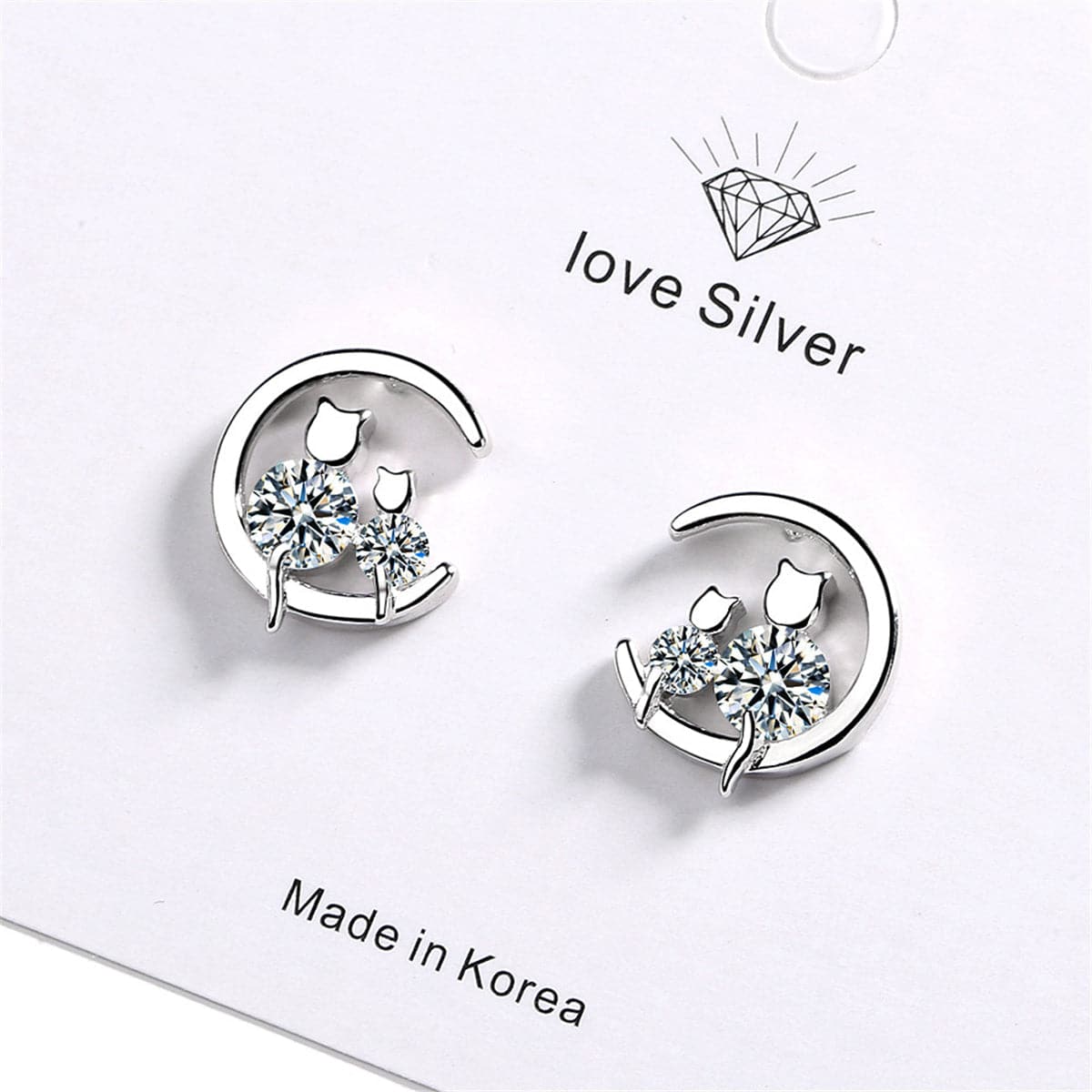 Cubic Zirconia & Silver-Plated Cat & Moon Stud Earrings