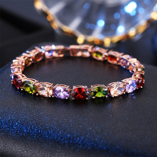 Crystal and 18K Rose Gold-Plated Oval-Cut Station Bracelet, rose gold bracelet for women, vintage-inspired design, front view