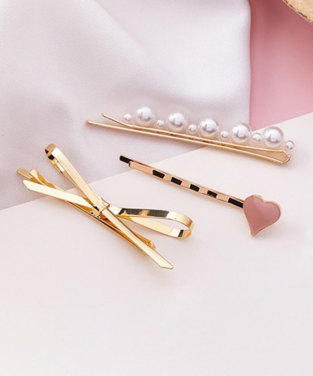 Pearl & Enamel 18K Gold-Plated Heart Bow Hair Clip Set