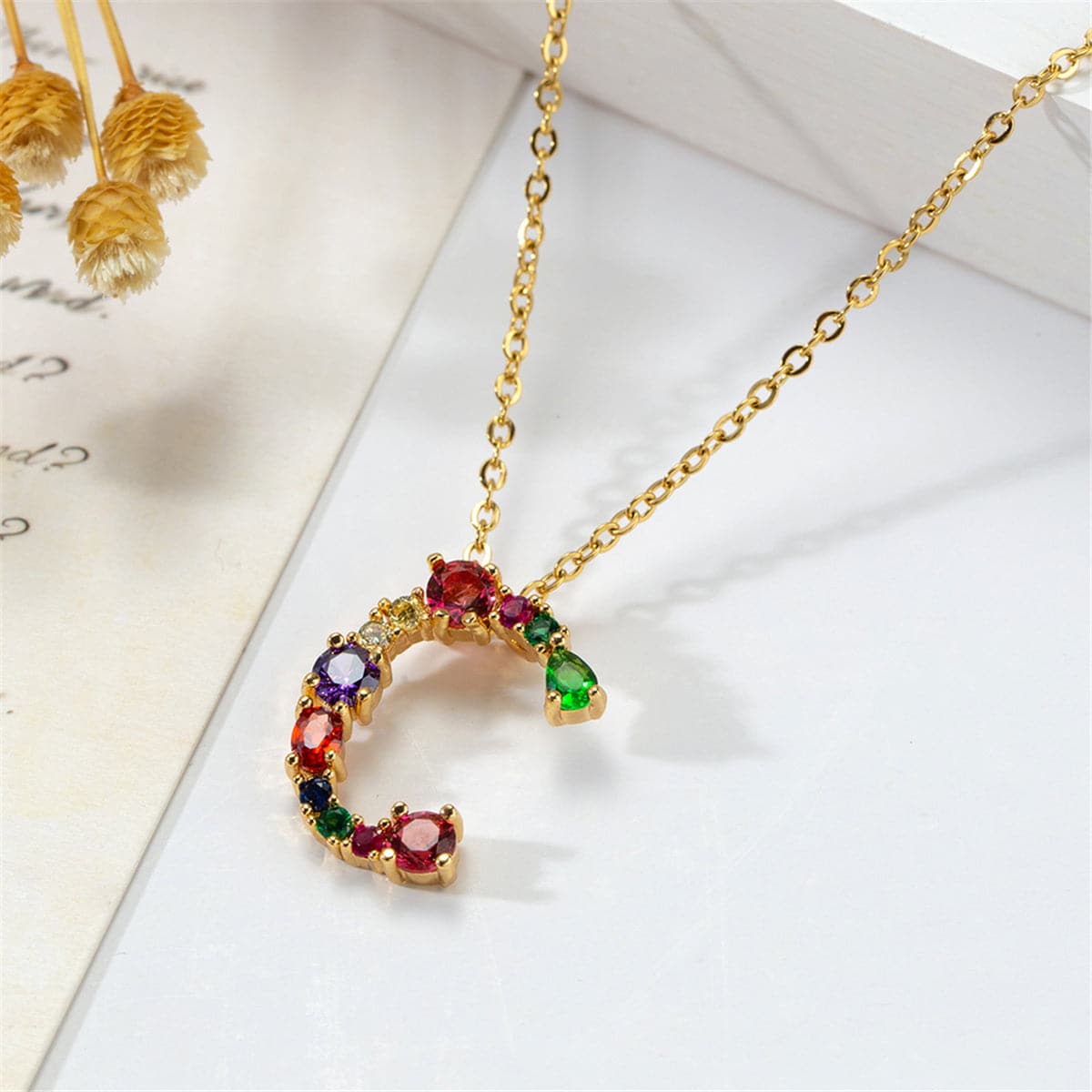 Red Multicolor Crystal and Cubic Zirconia Letter C Pendant Necklace, pendant necklace for women, front view