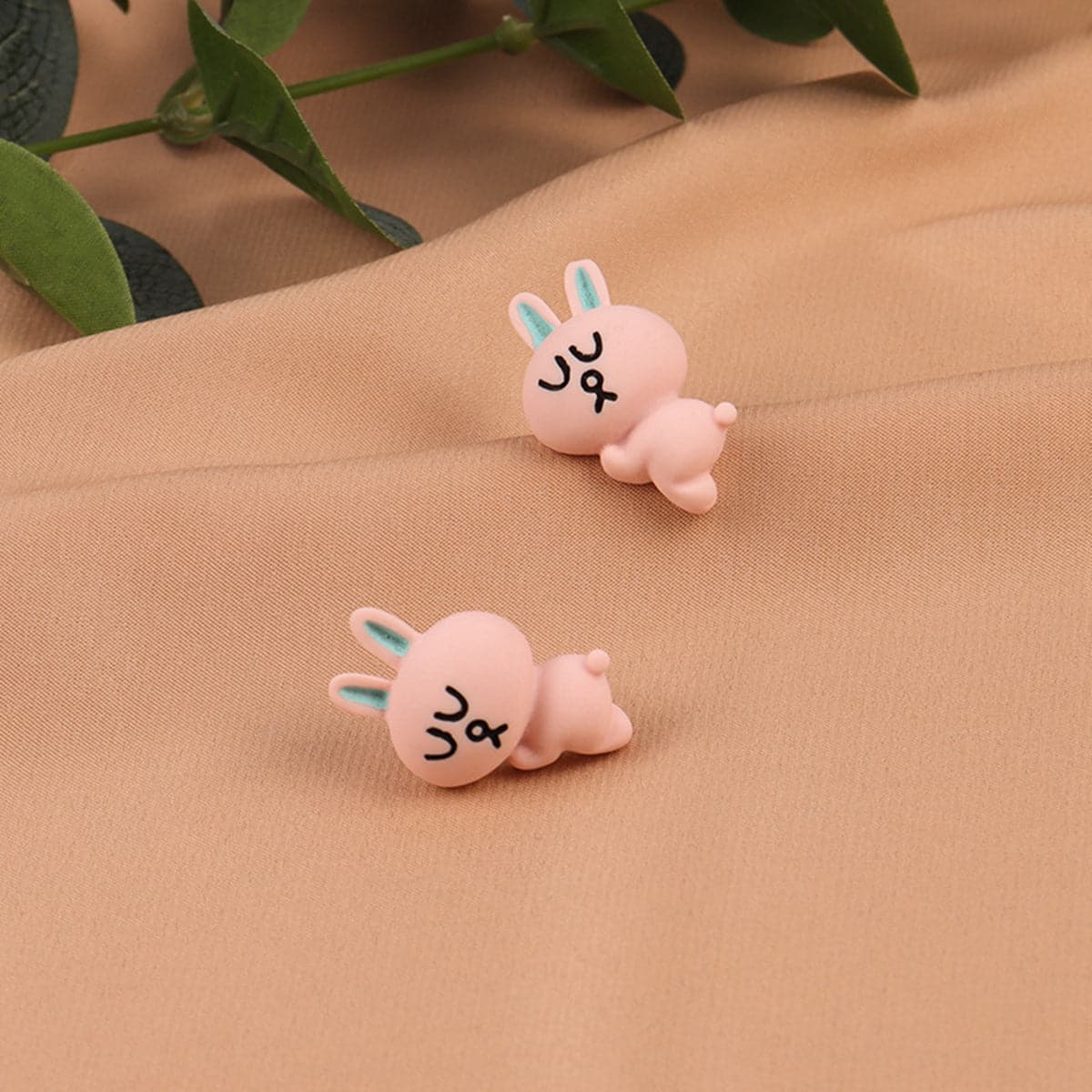 Pink & Silver-Plated Cartoon Rabbit Stud Earrings