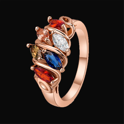 Red Multicolor Crystal and 18K Rose Gold-Plated Prong Ring, rose gold statement rings for women, everyday style, side view