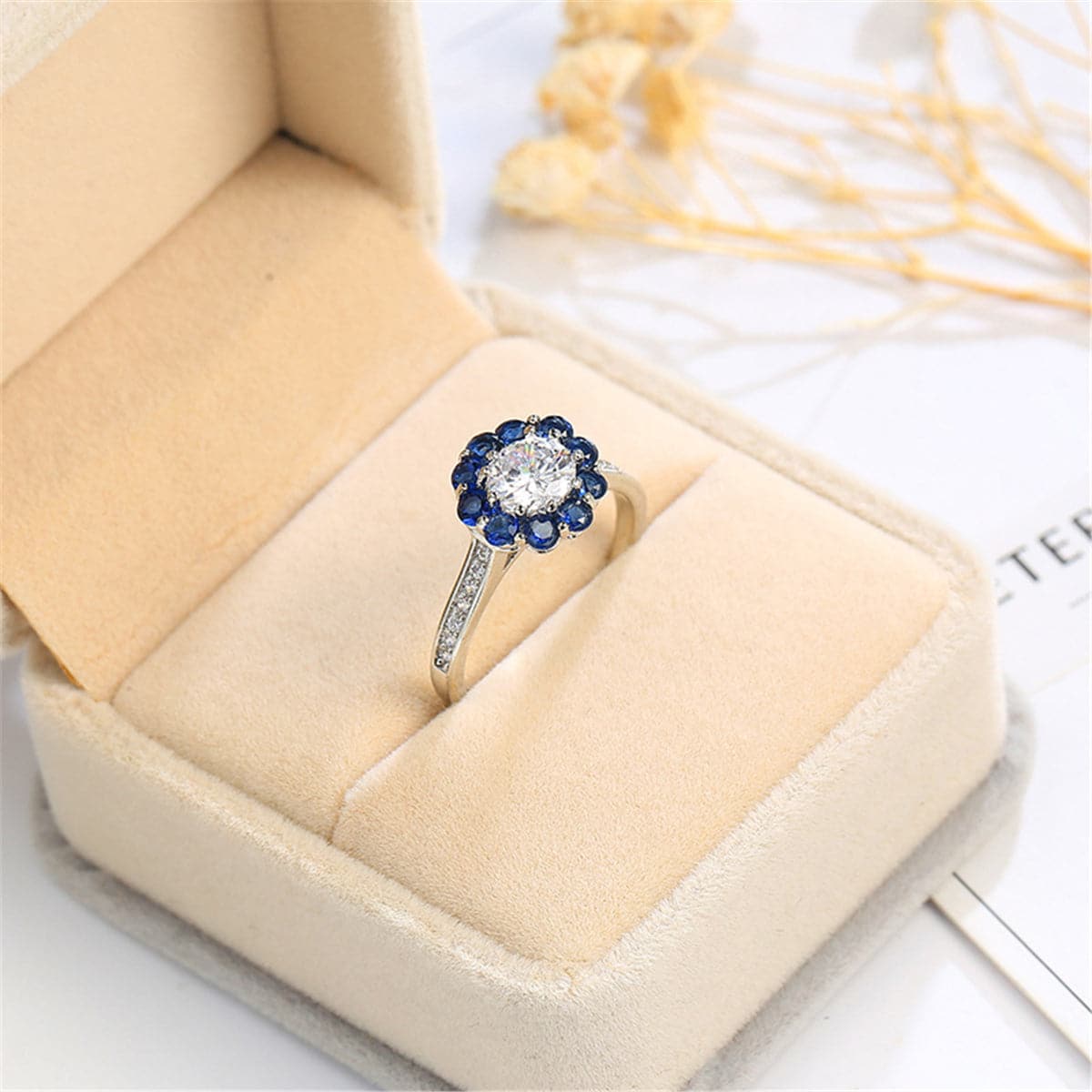 Crystal & Navy Cubic Zirconia Sunflower Ring