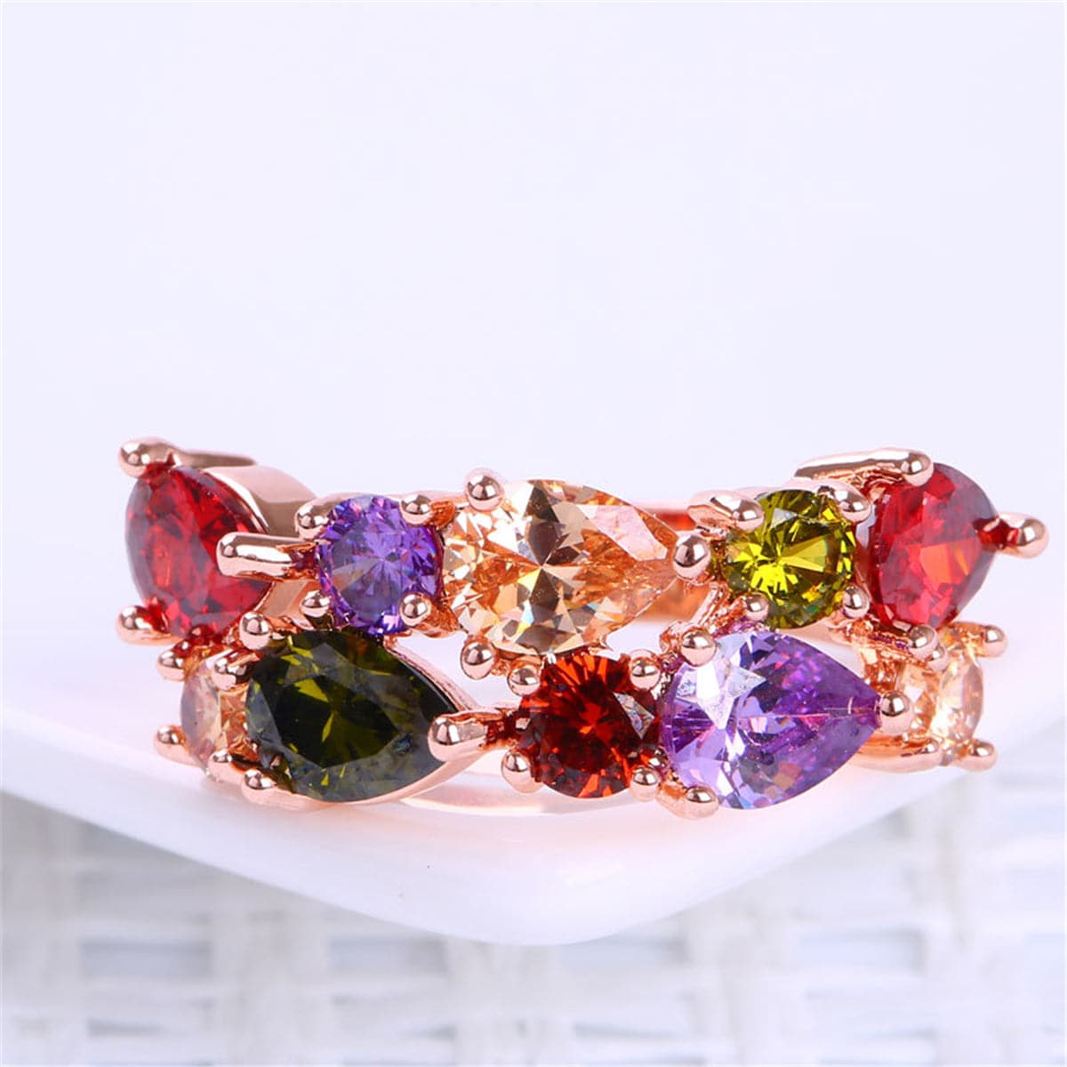 Crystal and 18K Rose Gold-Plated Pear-Cut Cluster Ring, dainty minimalist design, lifestyle look