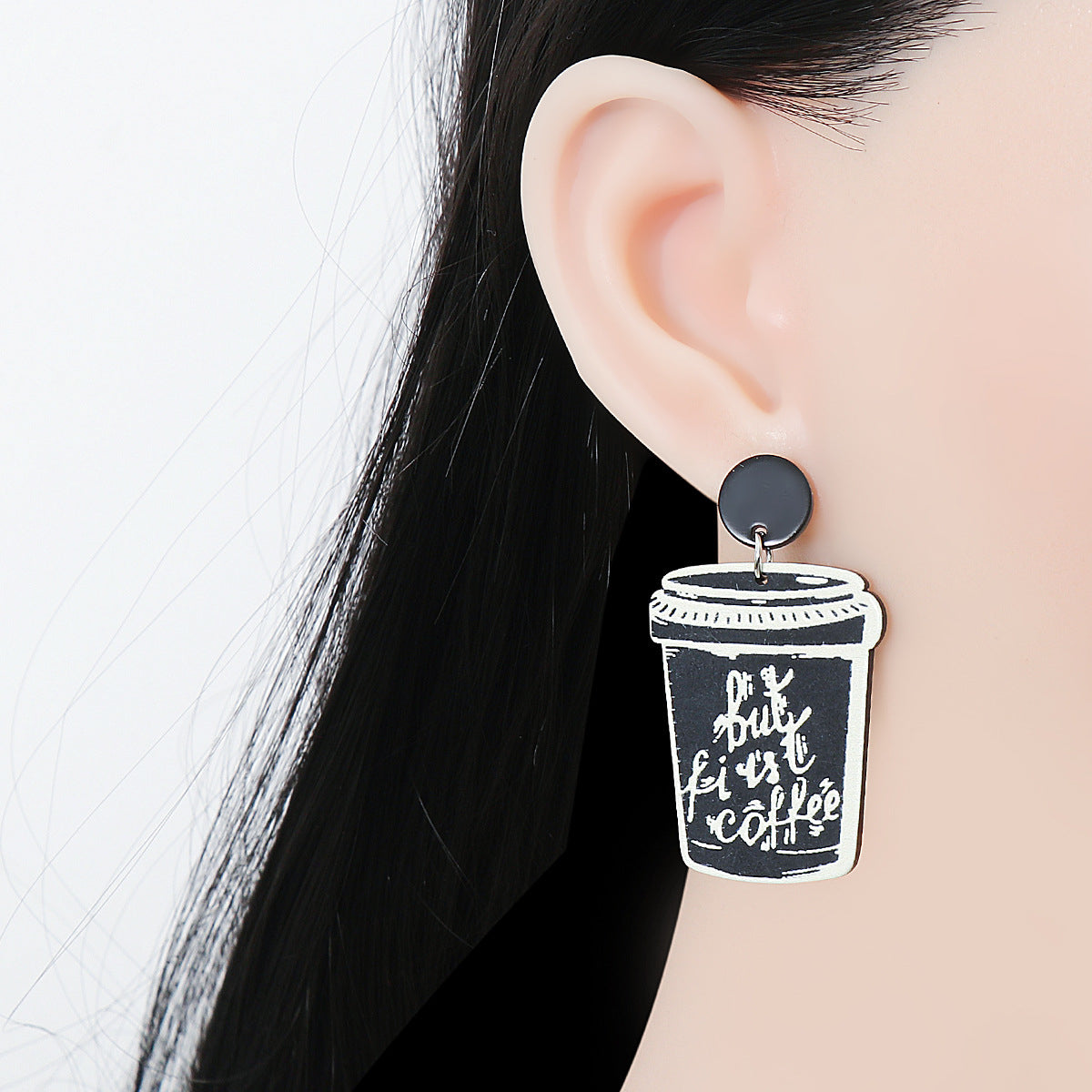 Black & Silver-Plated 'But First Coffee' Drop Earrings
