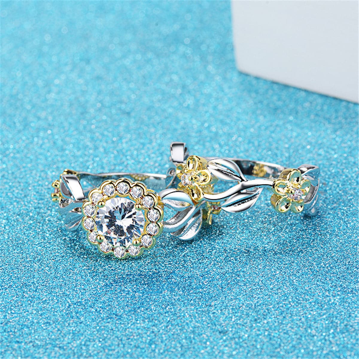 Cubic Zirconia & Two-Tone Flower Band Ring Set