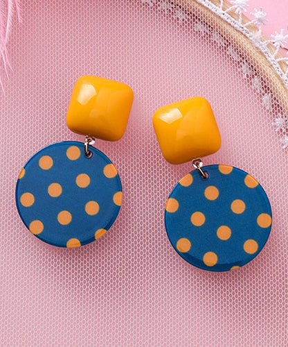 Blue and Orange Polka Dot Geometric Drop Earrings, drop earrings for women, dainty minimalist design, front view