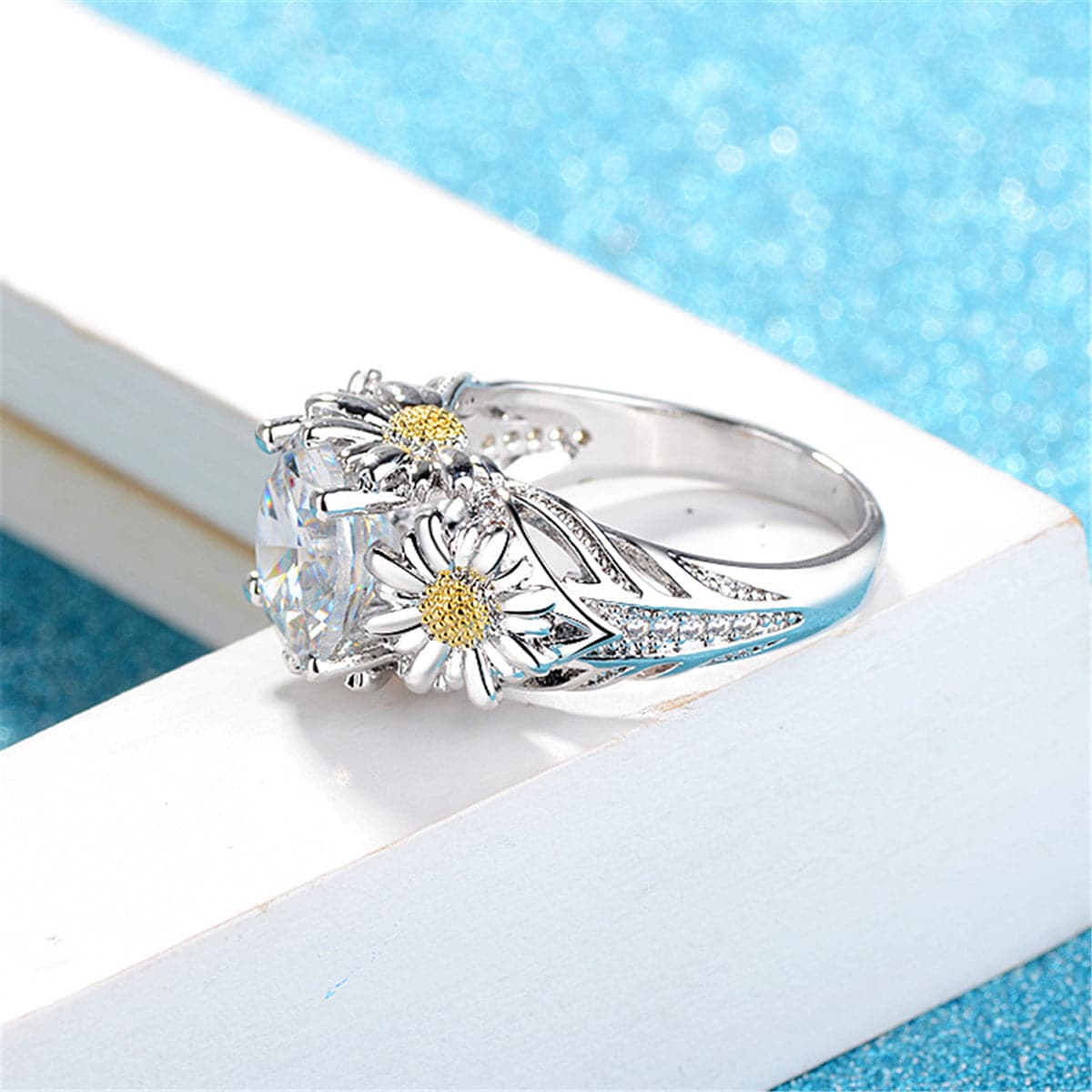 Cubic Zirconia & Crystal Two Tone Sunflower Ring
