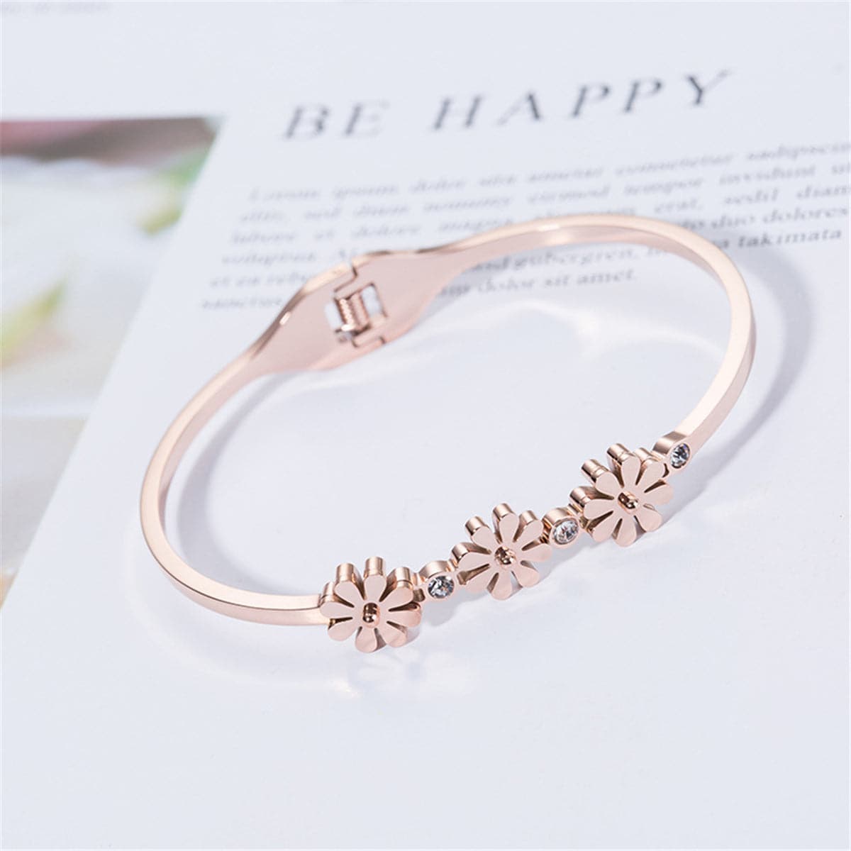 Cubic Zirconia and 18K Rose Gold-Plated Triple Mum Hinge Bangle, rose gold bangle bracelet, elegant gift for her, side view