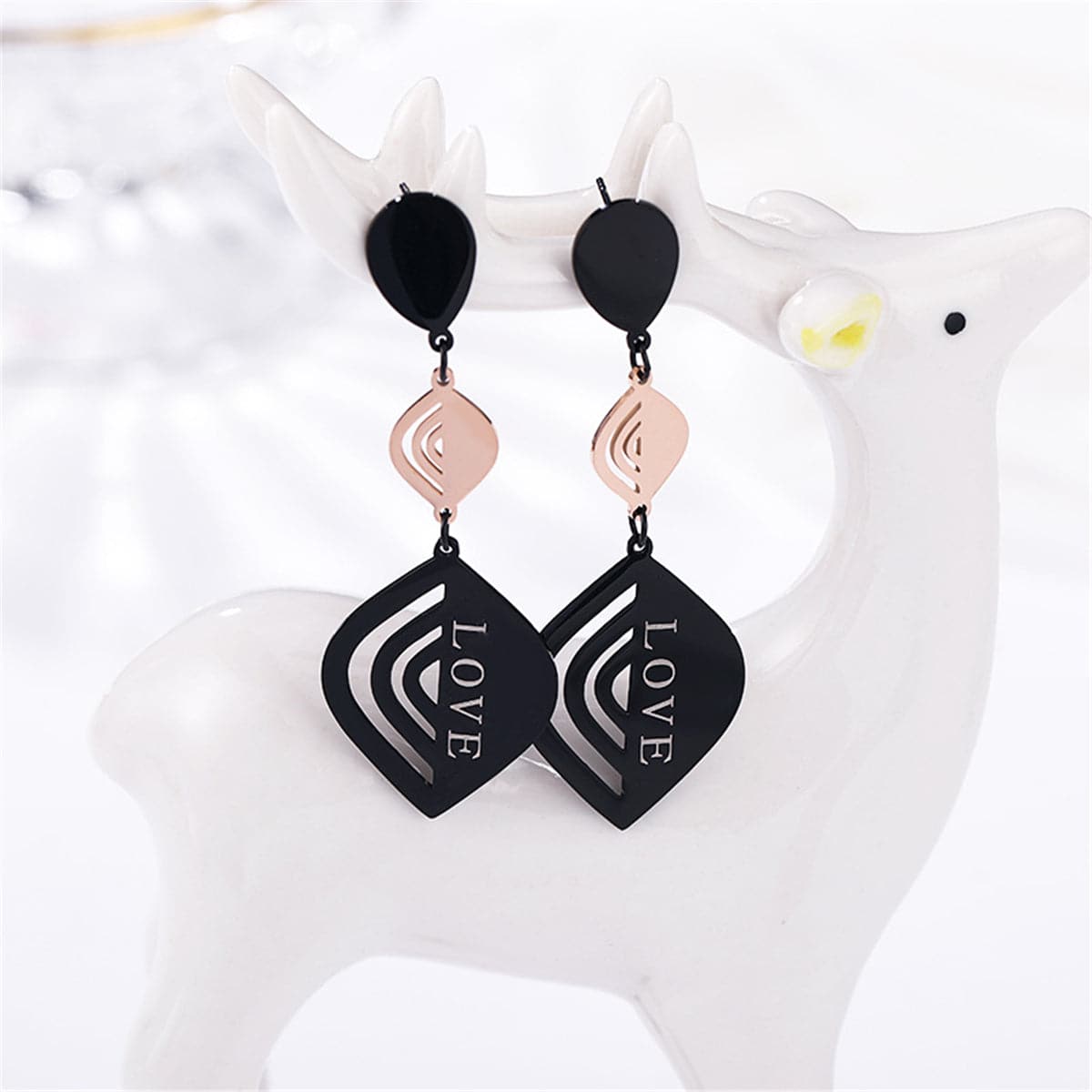 18K Rose Gold-Plated and Black 'Love' Laurel Drop Earrings, rose gold drop earrings for women, lifestyle look