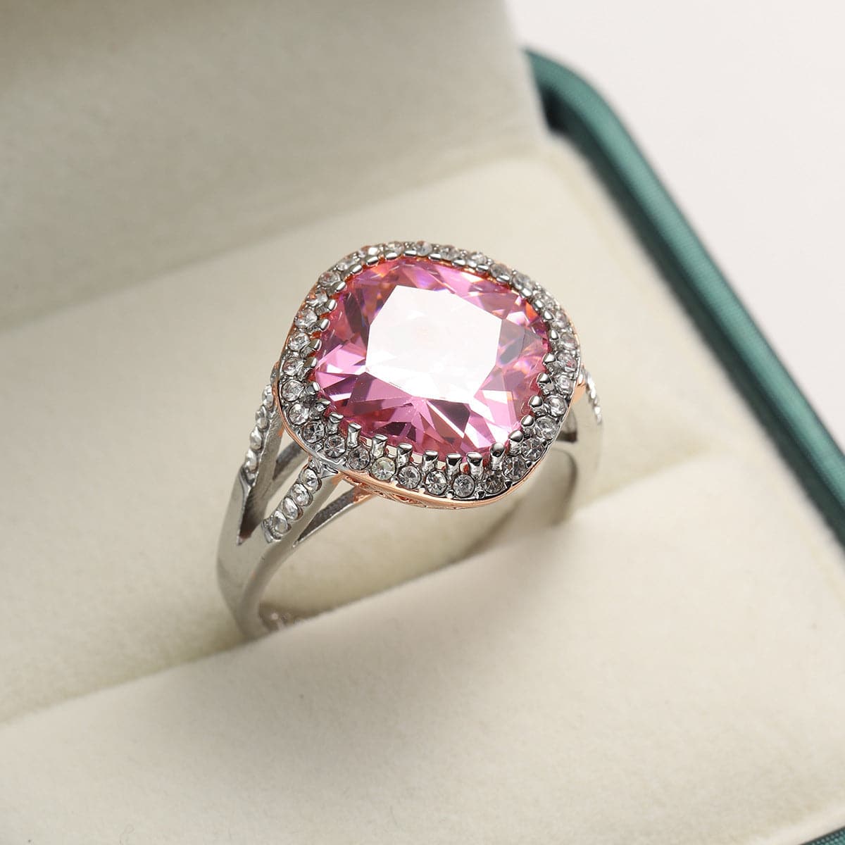 Pink Crystal & Two Tone Cushion-Cut Halo Ring