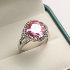 Pink Crystal & Two Tone Cushion-Cut Halo Ring