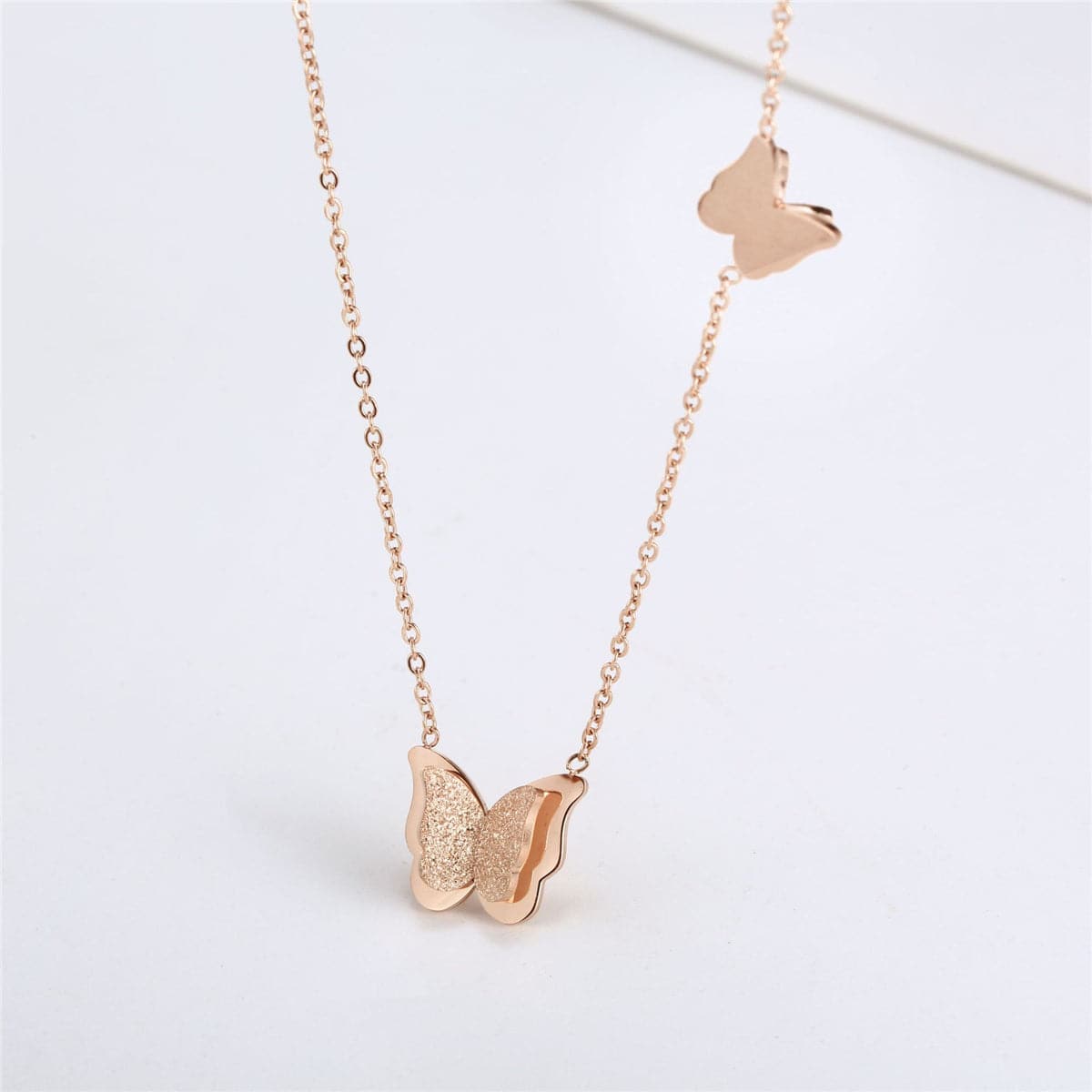 18K Rose Gold-Plated Double Frosted Butterfly Pendant Necklace