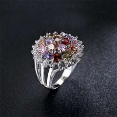 Jewel-Tone Cubic Zirconia & Platinum-Plated Sunflower Ring - streetregion