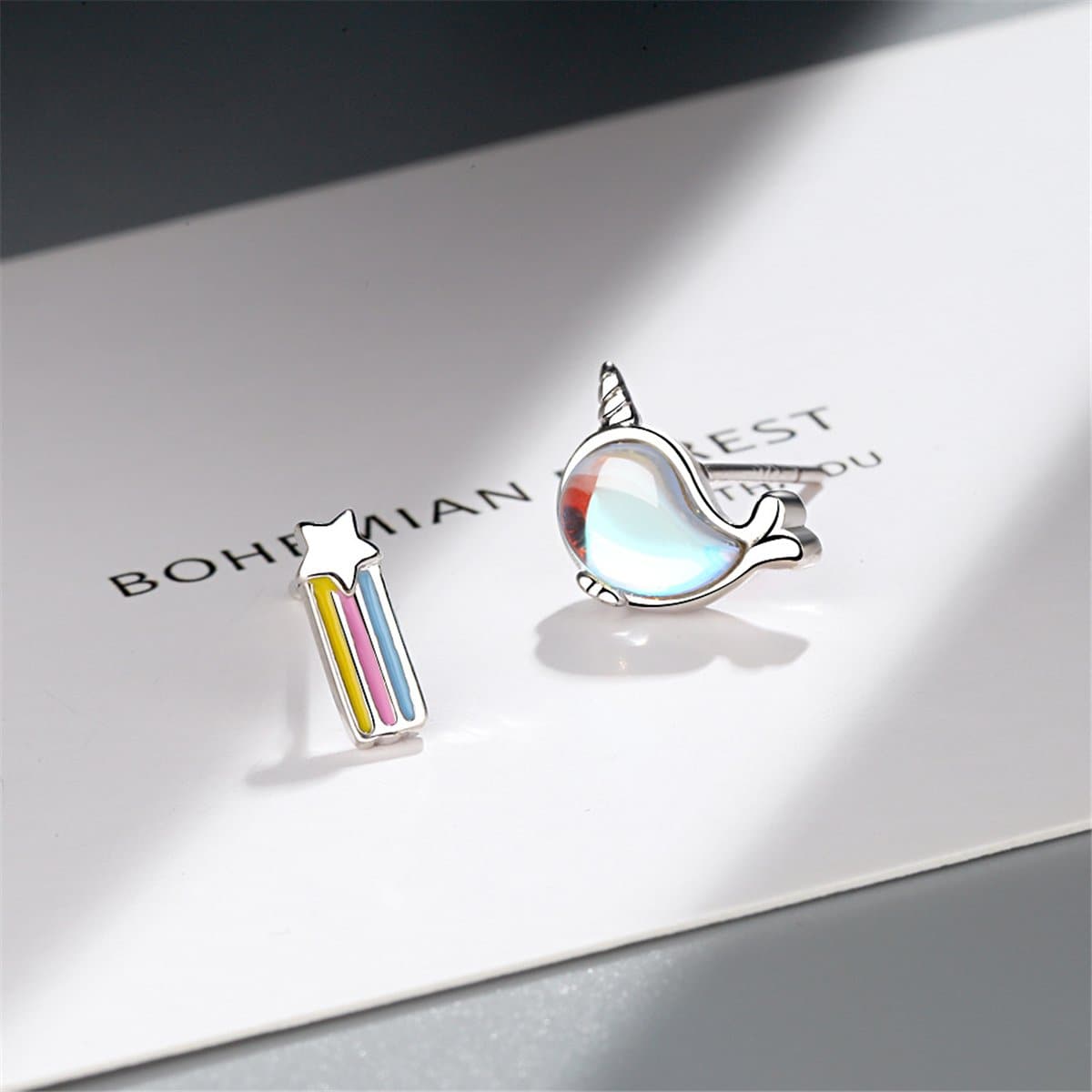Moonstone & Enamel Silver-Plated Shooting Star & Whale Stud Earrings