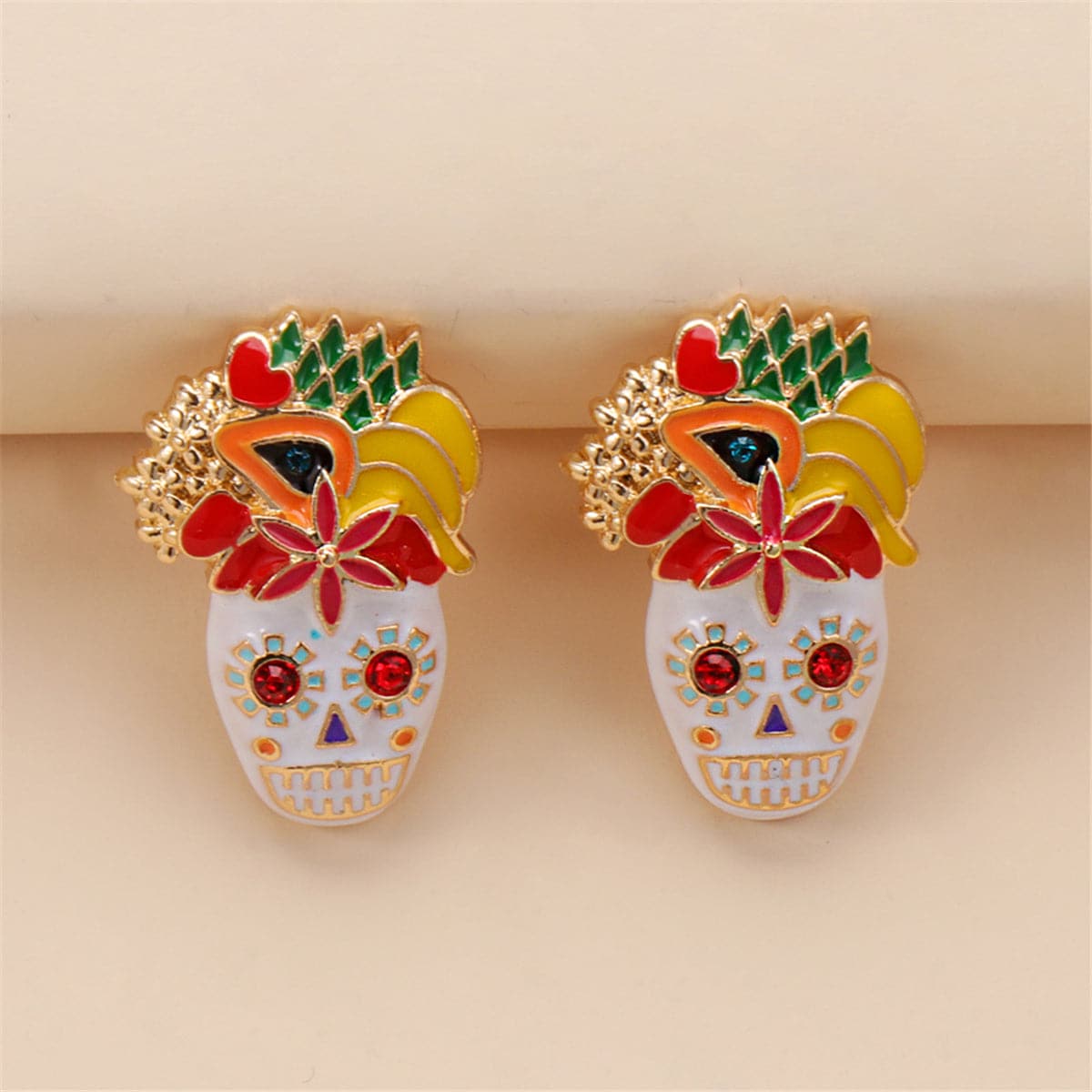 Cubic Zirconia & Enamel 18K Gold-Plated Masks Stud Earrings