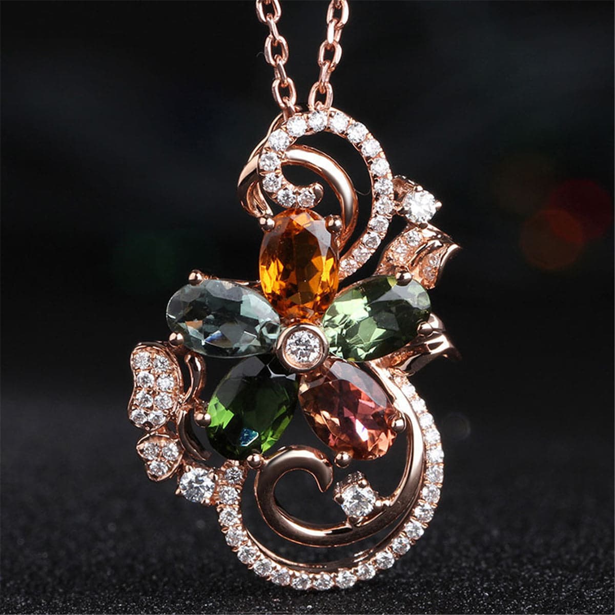 Green Crystal & Cubic Zirconia Flower Pendant Necklace