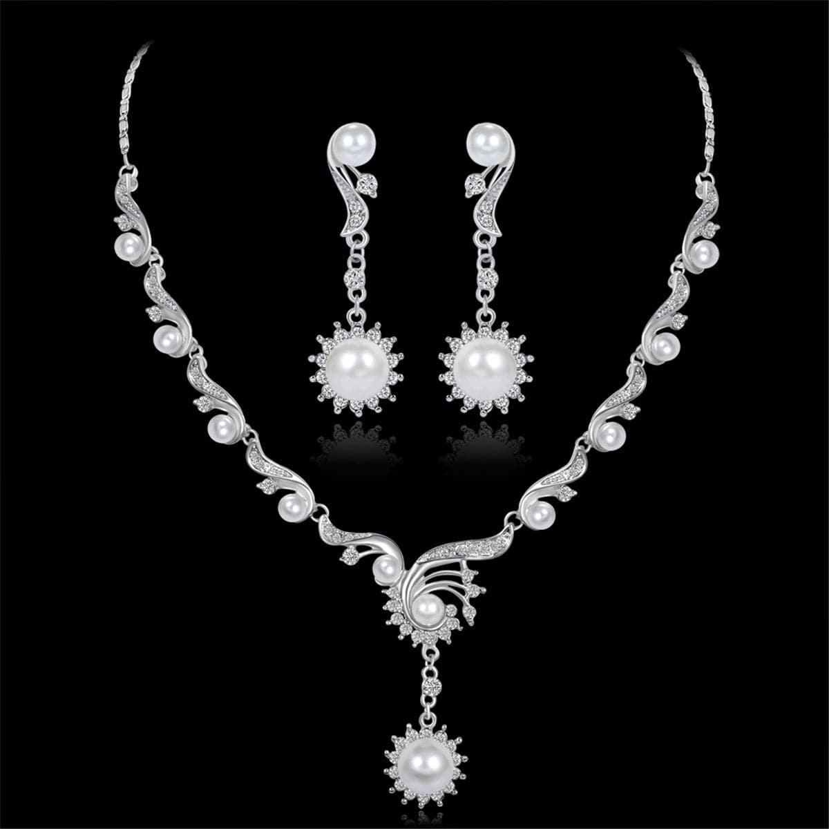 Cubic Zironia & Pearl Silver-Plated Botany Earrings & Necklace Set