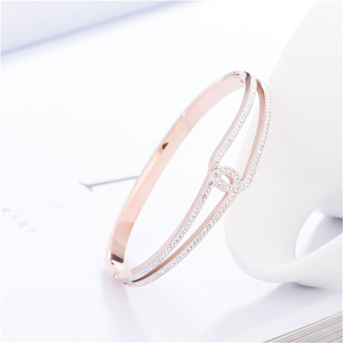 Cubic Zirconia and 18K Rose Gold-Plated Openwork Geometric Bangle, rose gold bangle bracelet, lifestyle look