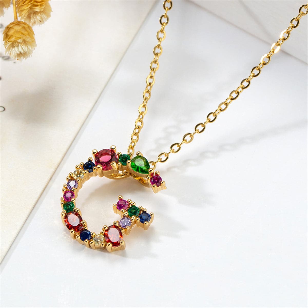 Red Multicolor Crystal and Cubic Zirconia Letter G Pendant Necklace, pendant necklace for women, front view