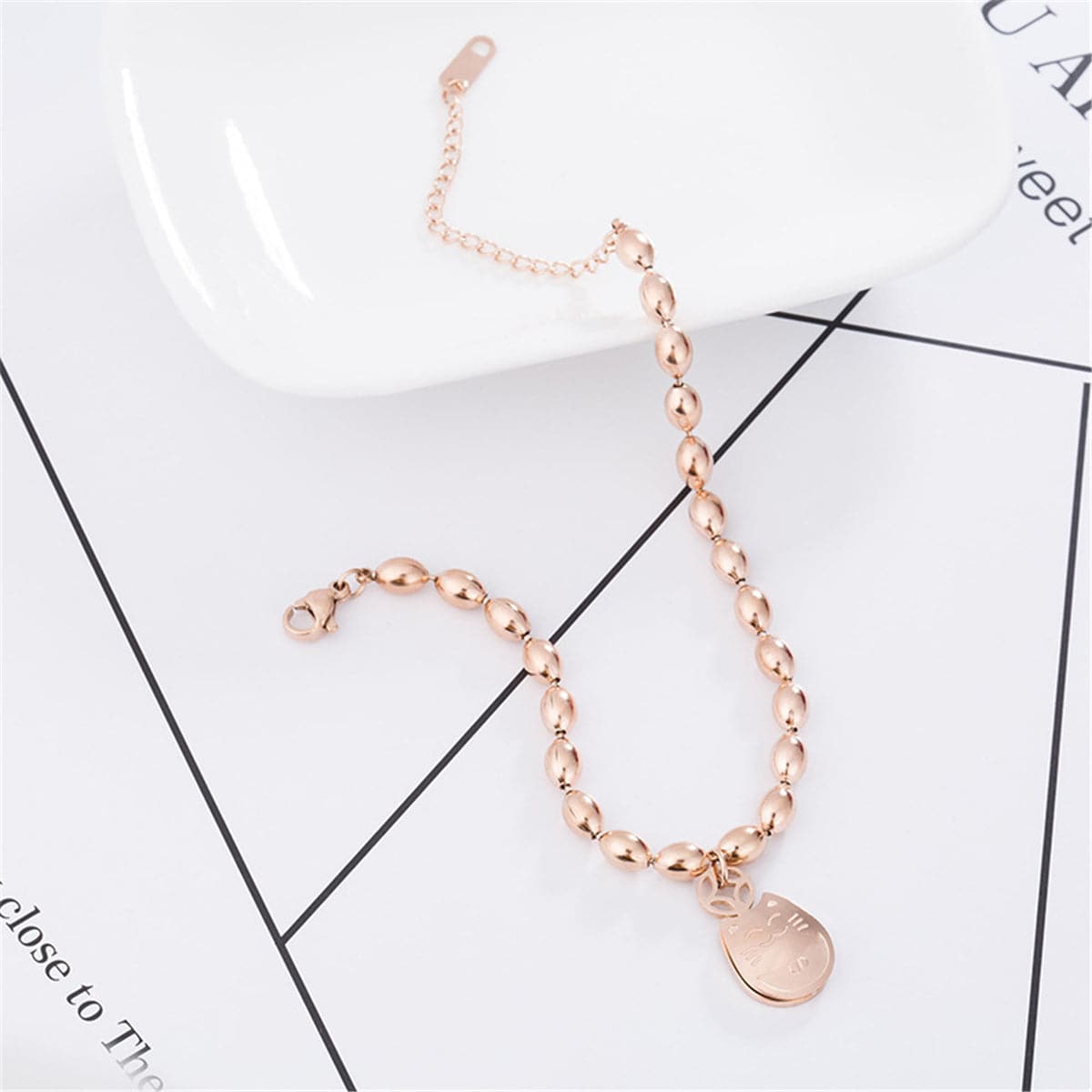 18K Rose Gold-Plated Kitty Long Bead Charm Bracelet, rose gold bracelet for women, botanical inspired, side view