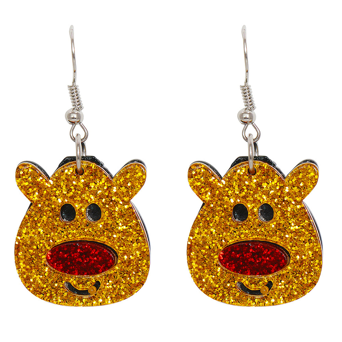Yellow and Red Glitter Reindeer Face Drop Earrings, drop earrings for women, elegant gift for her, front view