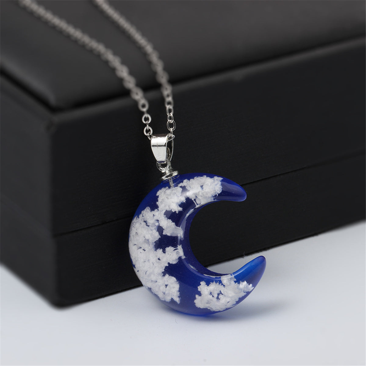 Blue Resin and Silver-Plated Moon Pendant Necklace, silver pendant necklace for women, elegant gift for her, lifestyle look