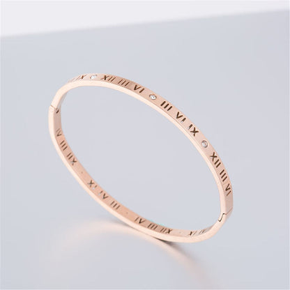 Cubic Zirconia and 18K Rose Gold-Plated Roman Numeral Bangle, rose gold bangle bracelet, everyday style, side view