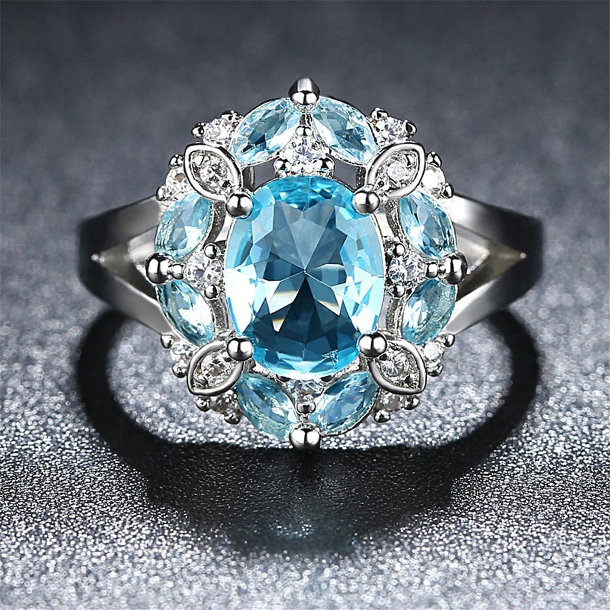 Blue Crystal and Cubic Zirconia Ornate Oval-Cut Ring, statement rings for women, elegant gift for her, front view