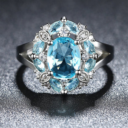 Blue Crystal and Cubic Zirconia Ornate Oval-Cut Ring, statement rings for women, elegant gift for her, front view