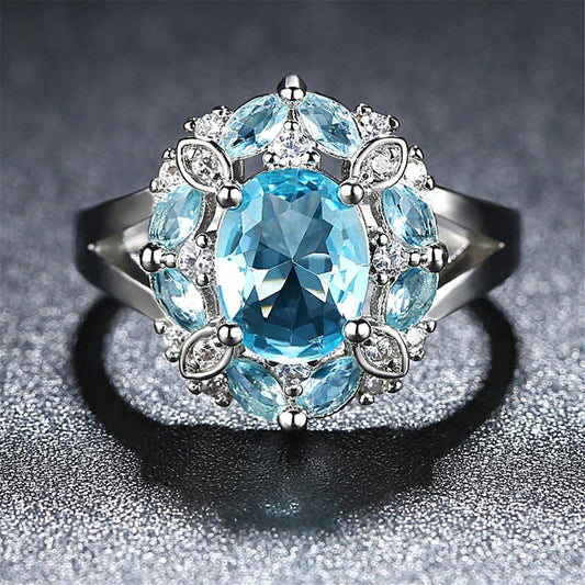 Blue Crystal and Cubic Zirconia Ornate Oval-Cut Ring, statement rings for women, elegant gift for her, front view