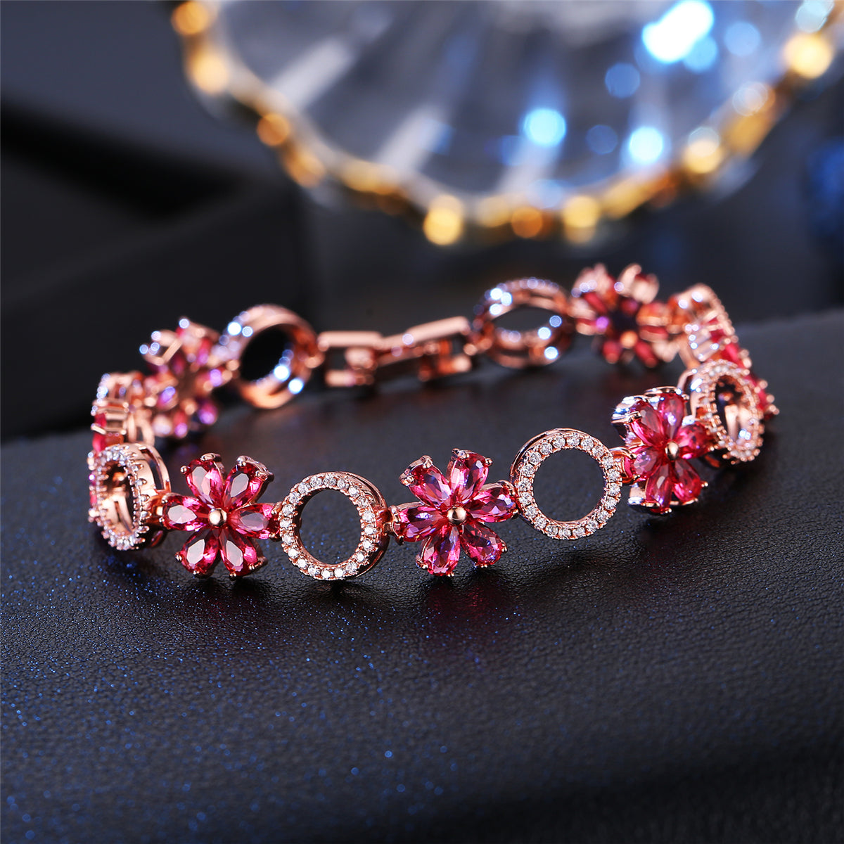 Red Crystal and Cubic Zirconia Flower-Link Bracelet, bracelet for women, elegant gift for her, side view