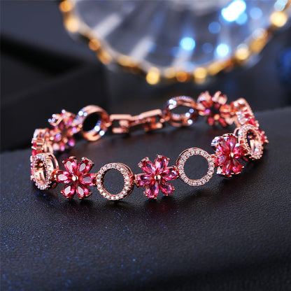 Red Crystal and Cubic Zirconia Flower-Link Bracelet, bracelet for women, elegant gift for her, side view